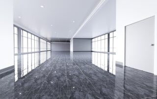 This image shows an empty office with a shiny floor.