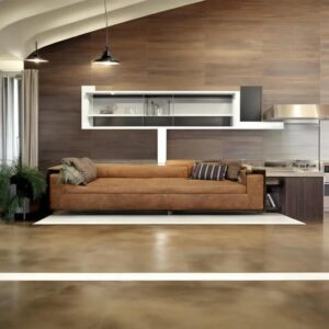 This image shows a living room with brown epoxy floor.