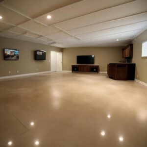 This image shows a basement that has a brown epoxy floor.