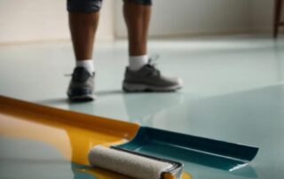 This image shows a man applying epoxy on a garage floor.