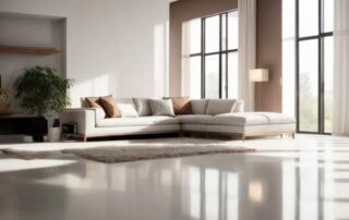 This image shows a living room with epoxy flooring paint.